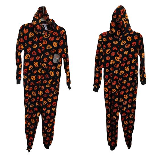 Pillow Talk One Piece PJ SZ M Fleece Jack-o'-lantern Hooded Halloween Pockets - Picture 1 of 10